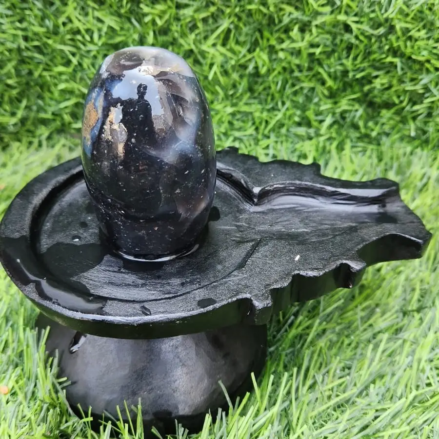 narmada-black-shivling-damru-jaladhari Black Stone Narmadeshwar Shivling with Yoni Base – Natural and Certified