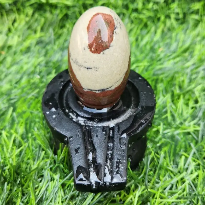 natural-shivling-with-jaladhari-and-damru-brown-white-narmada-shivling Full Set Narmadeshwar Shivling – Energized and Ready for Puja
